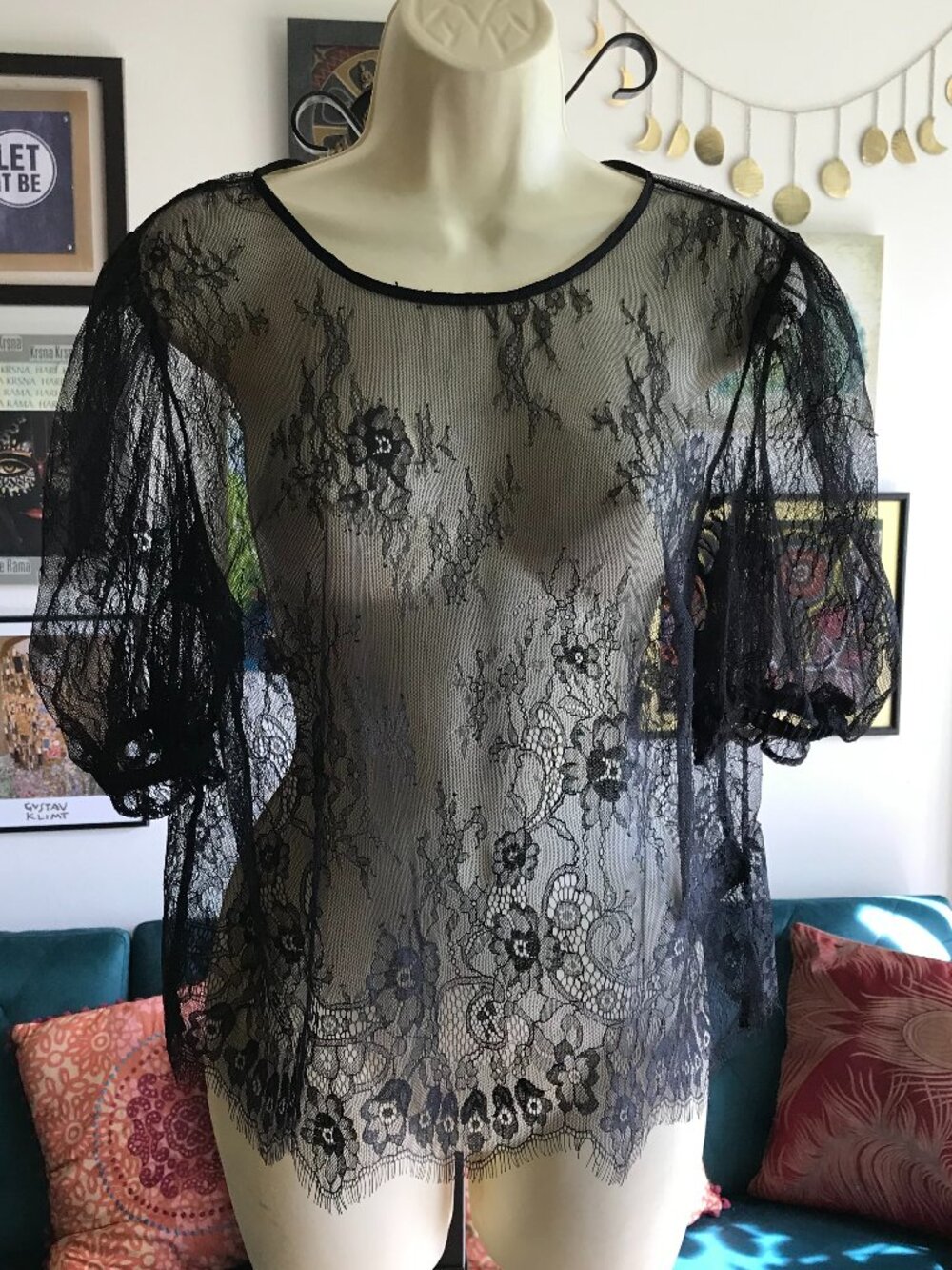 DIVIDED by H&M size M Sheer Black Lace Whimsigoth Goth Puff Sleeve Top NWT